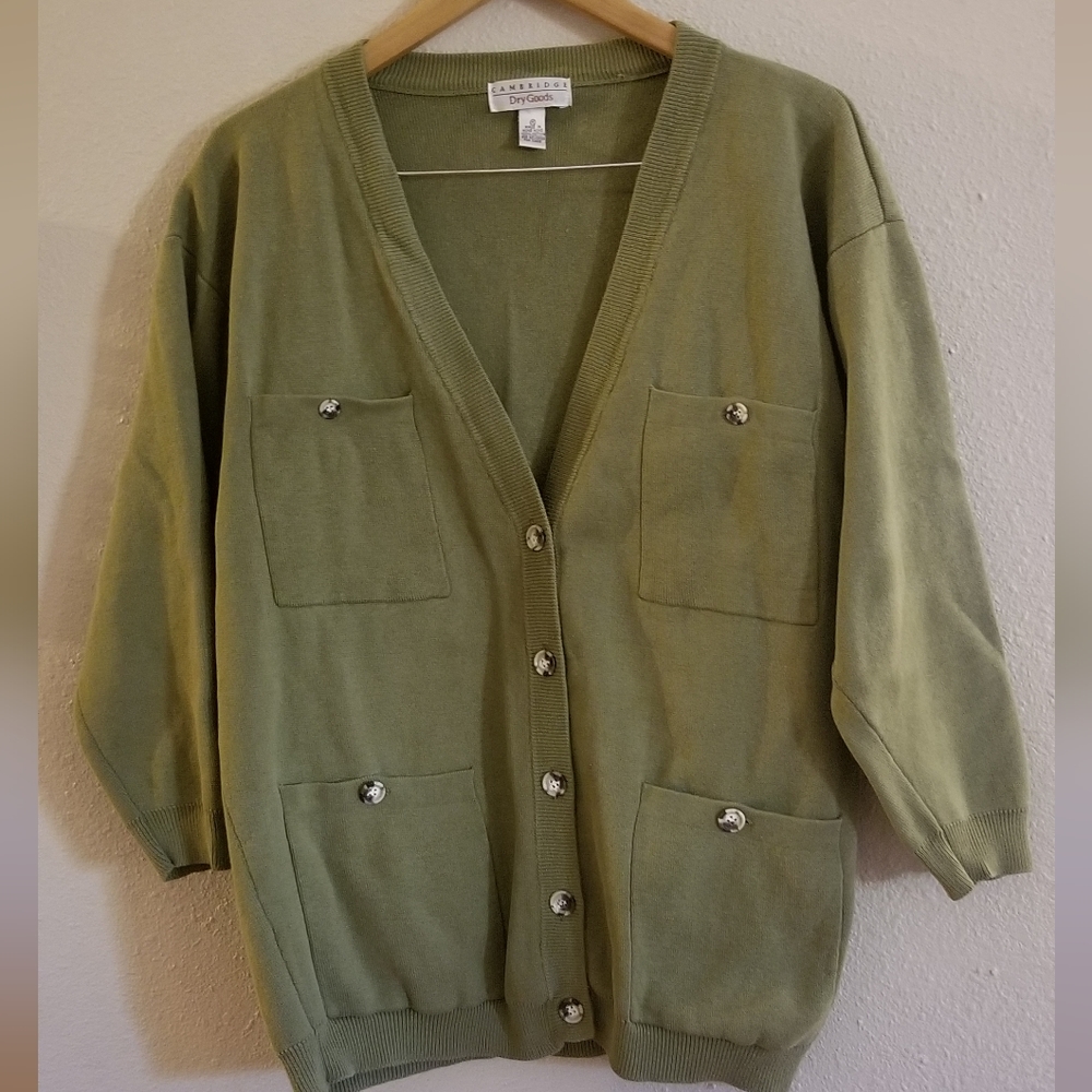 Cambridge Dry Goods women's olive green cotton cartigan sweater size mediun
